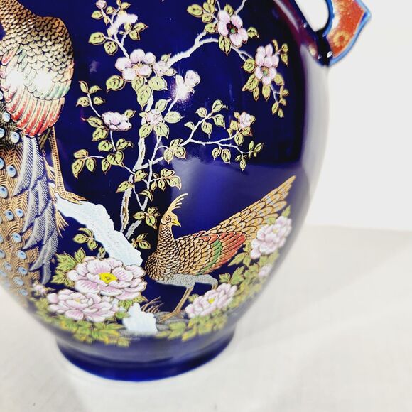 Vase Japanese Cobalt Blue 8.5" Handles Vintage Vtg Porcelain Peacock Bird Nature - Picture 10 of 14